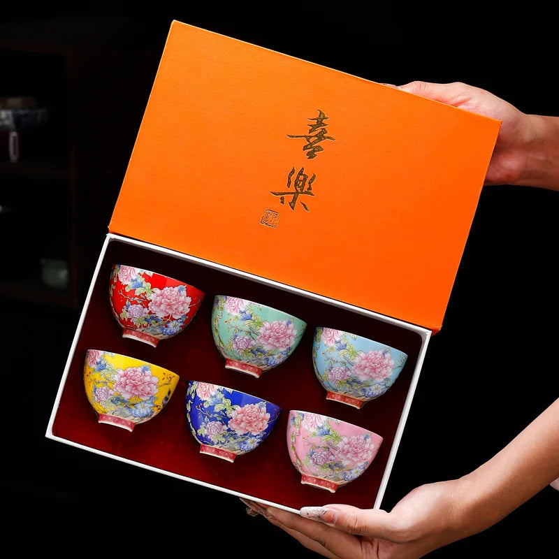 Juego de 6 tazas de té de cerámica con pintura de flores de estilo chino