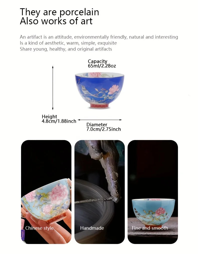 Juego de 6 tazas de té de cerámica con pintura de flores de estilo chino