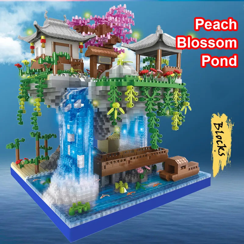 Bloques de construcción de arquitectura de estilo antiguo chino con flores de cerezo