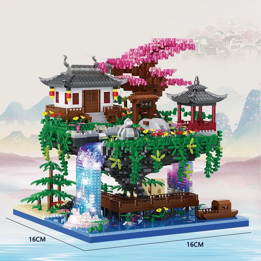 Bloques de construcción de arquitectura de estilo antiguo chino con flores de cerezo
