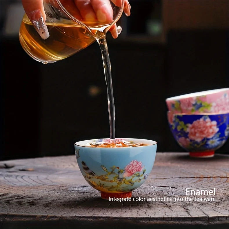 Juego de 6 tazas de té de cerámica con pintura de flores de estilo chino