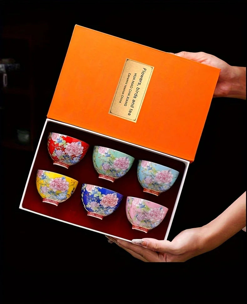 Juego de 6 tazas de té de cerámica con pintura de flores de estilo chino