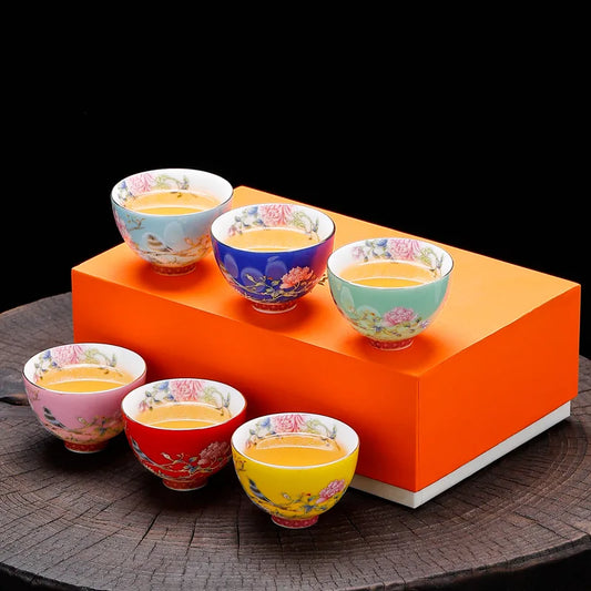 Juego de 6 tazas de té de cerámica con pintura de flores de estilo chino