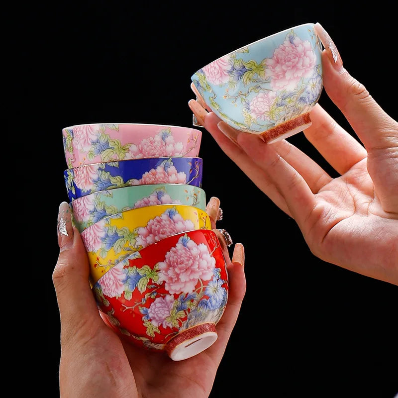 Juego de 6 tazas de té de cerámica con pintura de flores de estilo chino