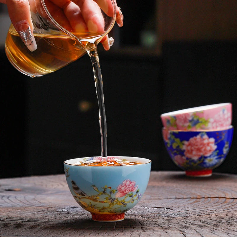 Juego de 6 tazas de té de cerámica con pintura de flores de estilo chino