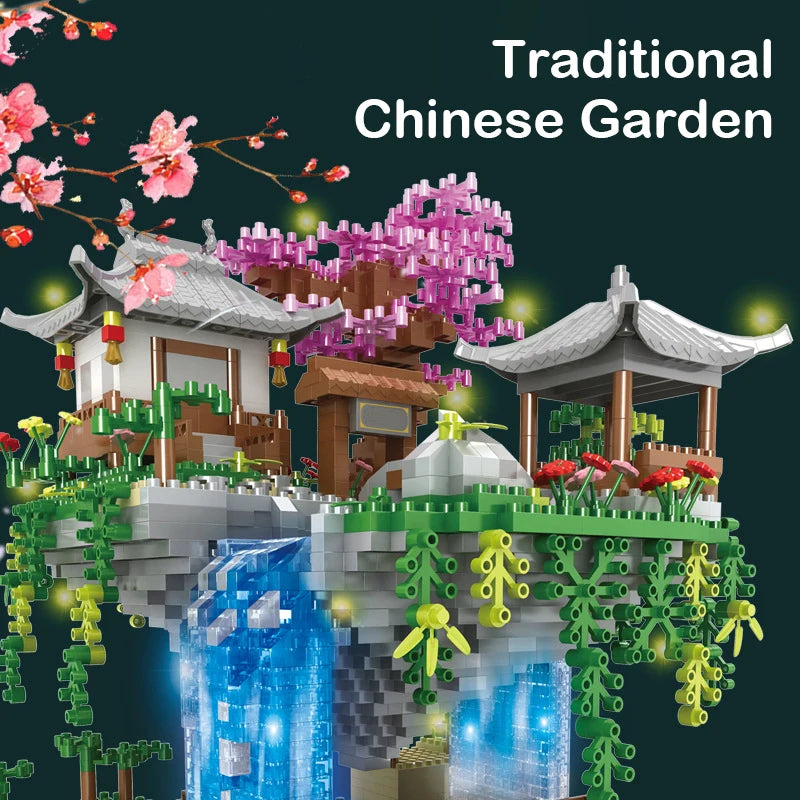 Bloques de construcción de arquitectura de estilo antiguo chino con flores de cerezo