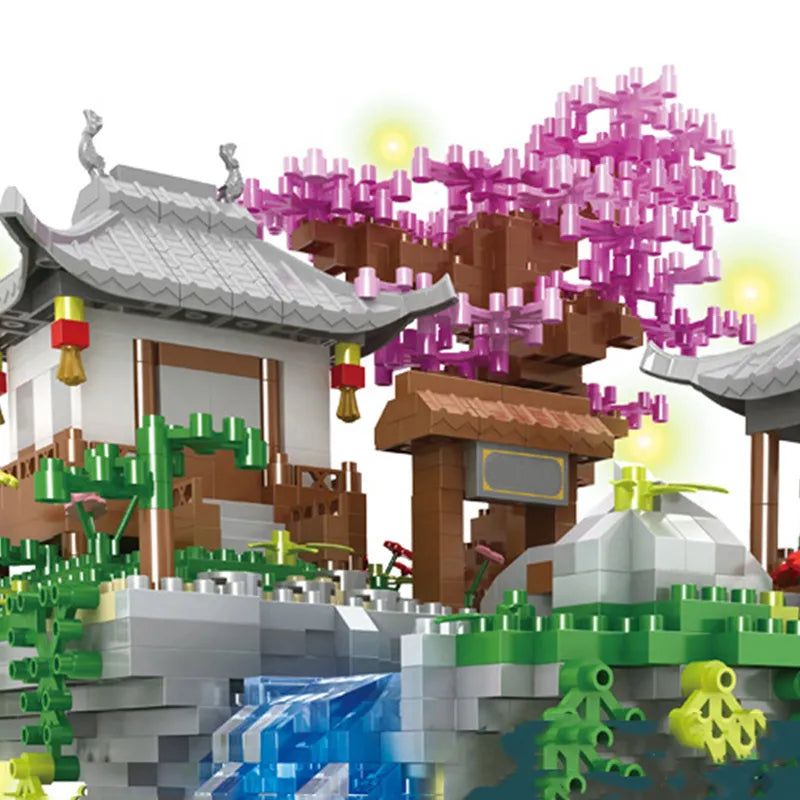 Bloques de construcción de arquitectura de estilo antiguo chino con flores de cerezo