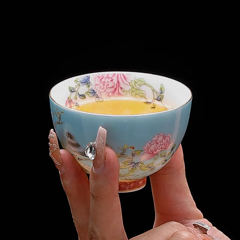 Juego de 6 tazas de té de cerámica con pintura de flores de estilo chino