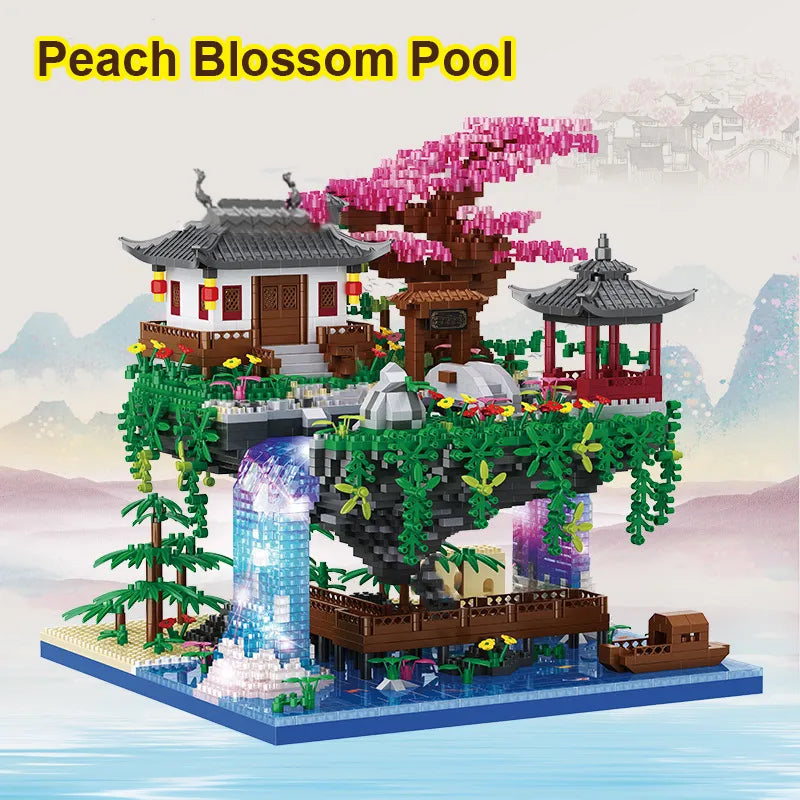 Bloques de construcción de arquitectura de estilo antiguo chino con flores de cerezo