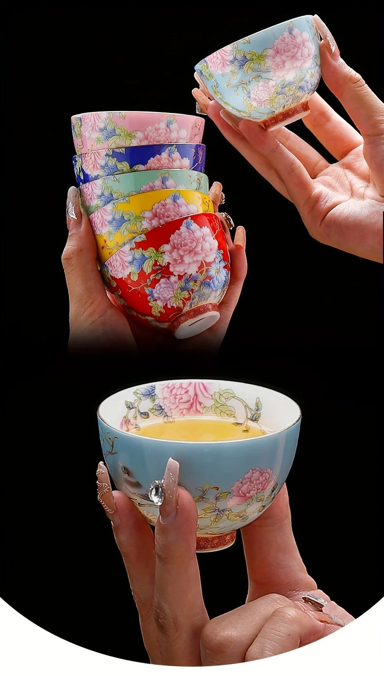 Juego de 6 tazas de té de cerámica con pintura de flores de estilo chino