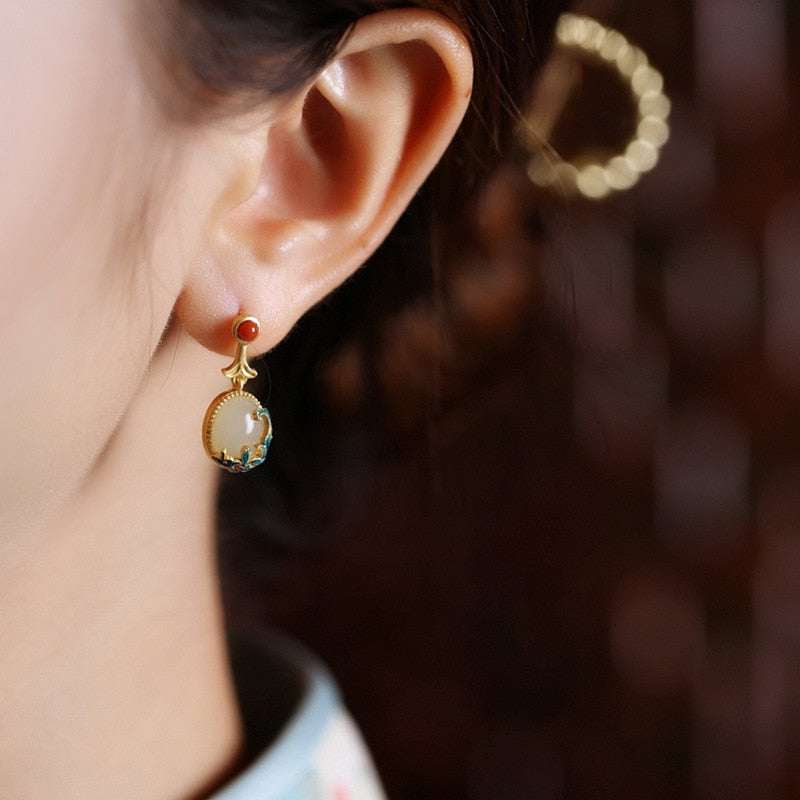 Pendientes chinos de esmalte de piedra étnica retro
