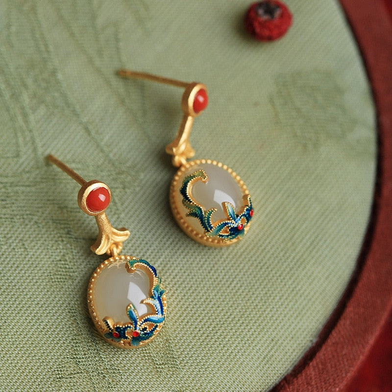 Pendientes chinos de esmalte de piedra étnica retro