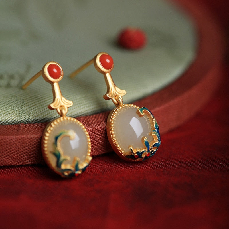 Pendientes chinos de esmalte de piedra étnica retro