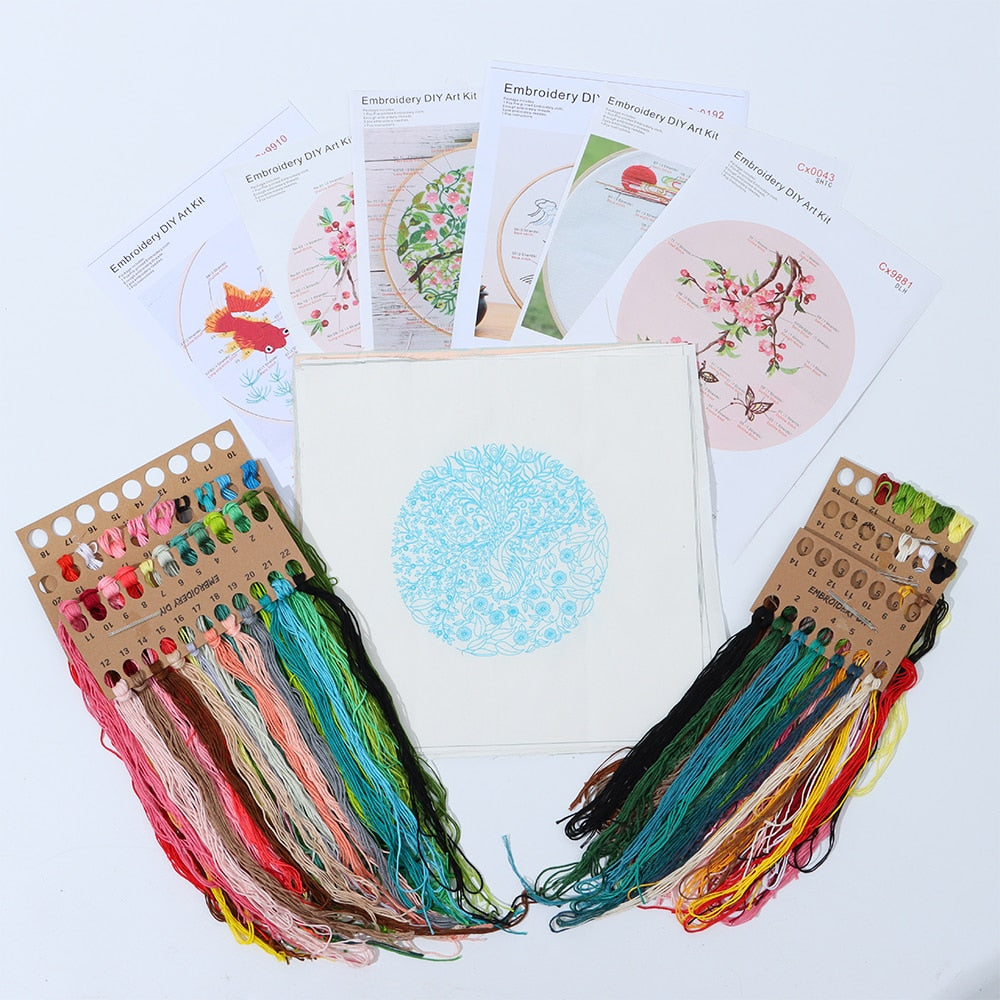 Kit de bordado impreso con patrón de flores de bricolaje