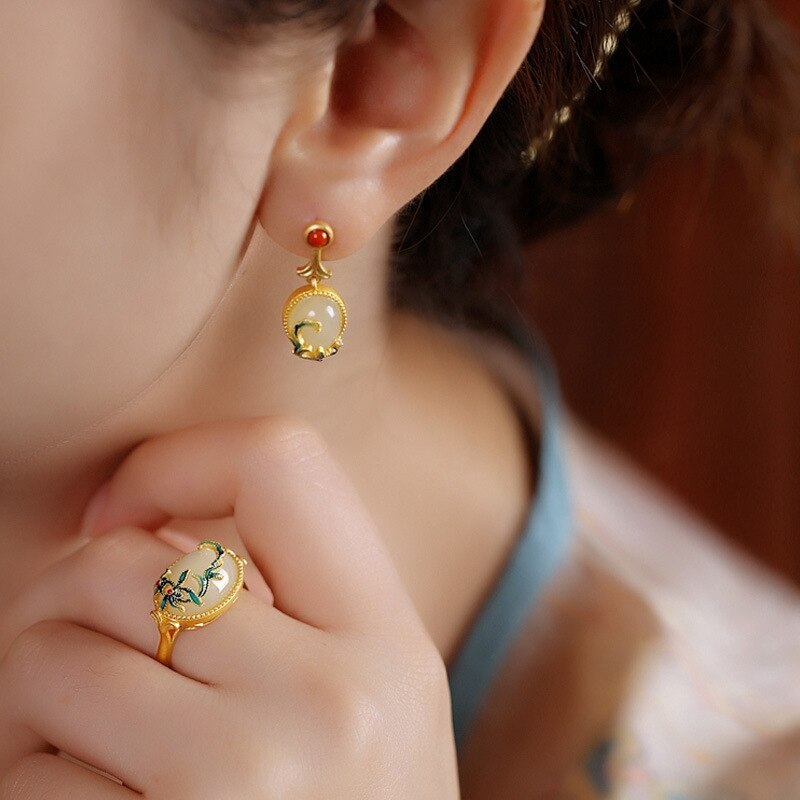 Pendientes chinos de esmalte de piedra étnica retro