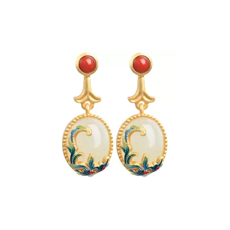 Pendientes chinos de esmalte de piedra étnica retro