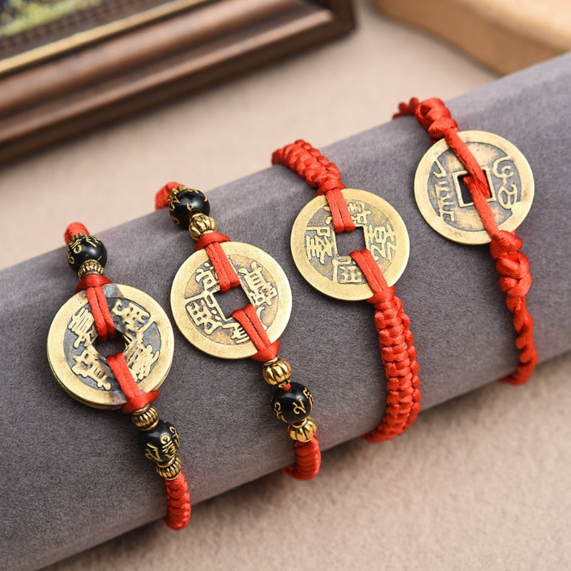 Lucky Red String Feng Shui Copper Coin Bracelet