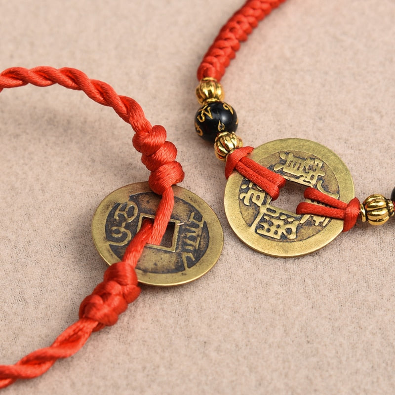 Lucky Red String Feng Shui Copper Coin Bracelet
