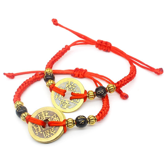 Lucky Red String Feng Shui Pulsera de moneda de cobre