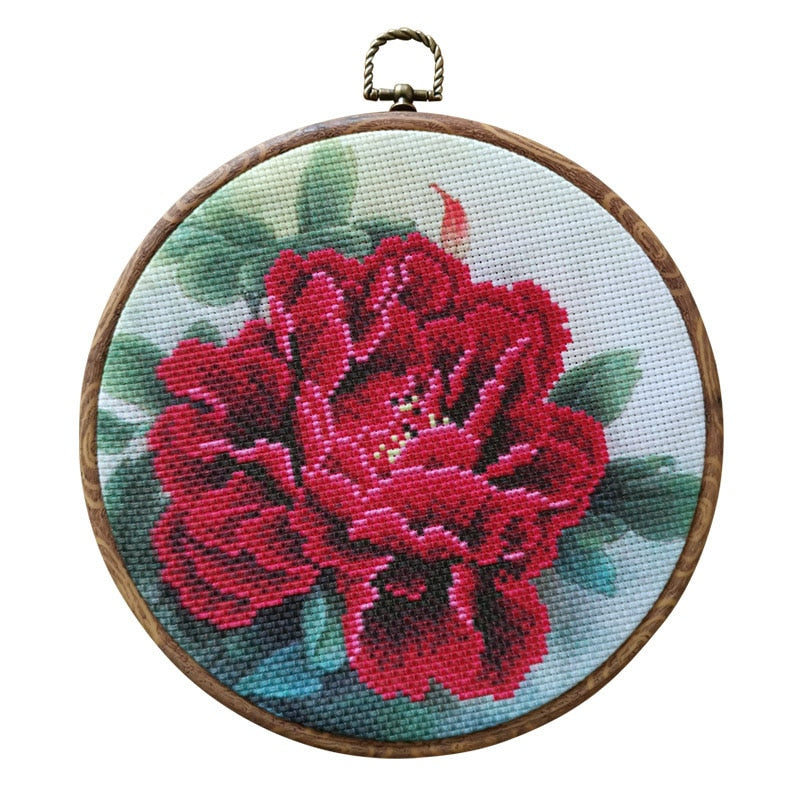 Chinese Peony Flower Cross Stitch with Hoop DIY Embroidery