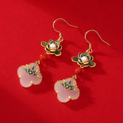 Chinese Style Enamel Lotus Jade Agate Stone Earring