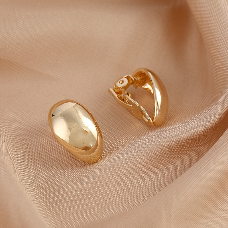 Golden Vintage Oval Glossy Metal Minimalist Clip on Earrings