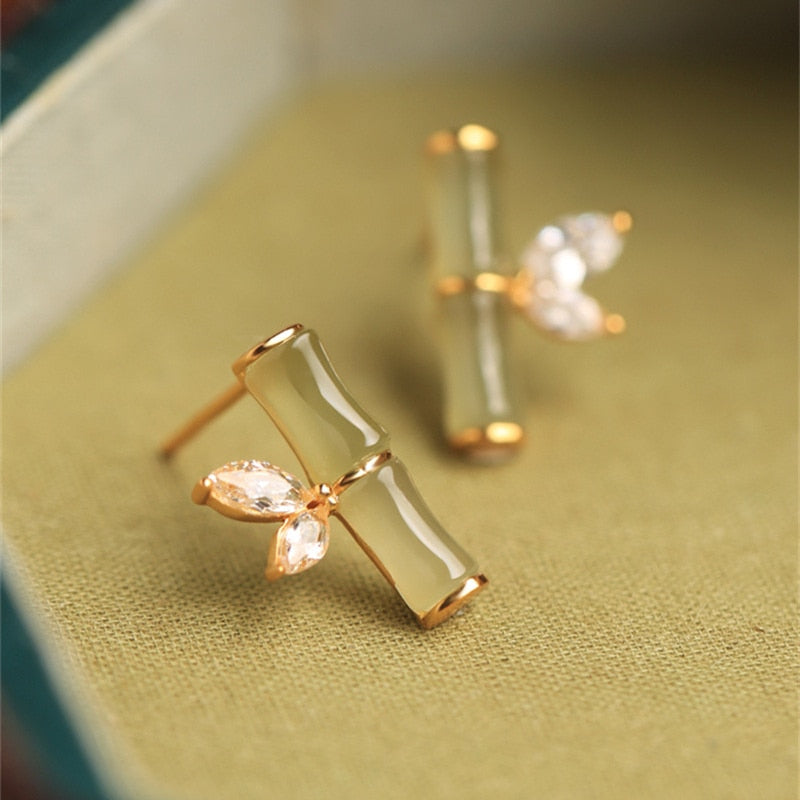 Chinese Opal Bamboo Stud Earrings
