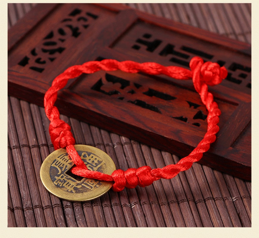 Lucky Red String Feng Shui Copper Coin Bracelet